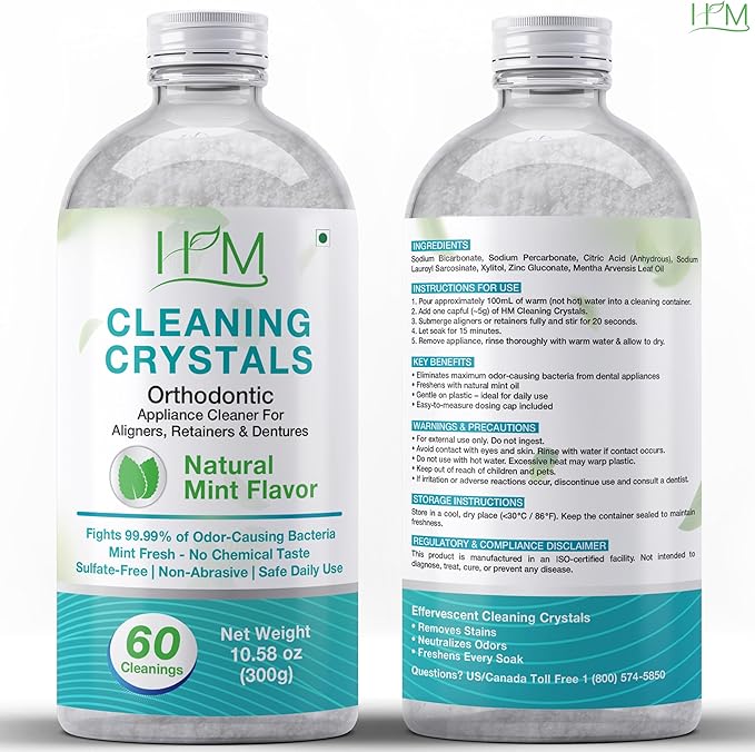 Happy Moms HM Cleaning Crystals for Aligners, Retainers & Dentures – Natural Mint Flavor | Eliminates Odor & Freshens | Sulfate-Free, Non-Abrasive Daily Appliance Cleaner – 60 Cleanings (300g)