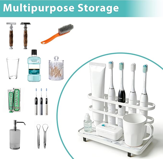 Electric Toothbrush Holders for Bathrooms, Bathroom Counter Organizer with Quick Dry Diatomaceous Earth Mat, 5 Slots Toothbrush and Toothpaste Holder White, for Bathroom Sink Organizer Countertop
