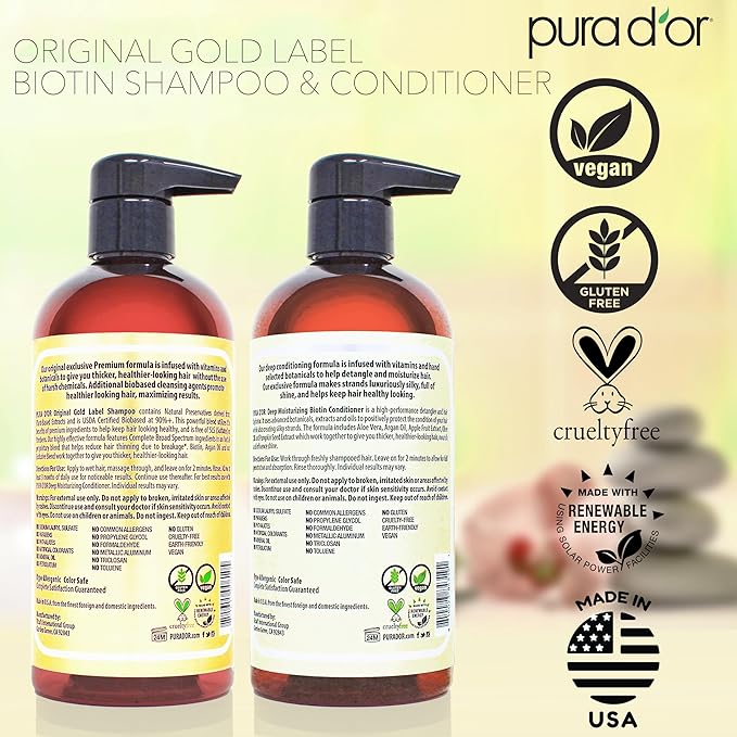 PURA D'OR Anti-Thinning Biotin Shampoo & Conditioner Original Gold Label Set (16oz x2) – CLINICALLY TESTED Formula for Volume, Strength & Thicker-Looking Hair – Helps Reduce Breakage For Women & Men | Deep Moisturizing, Conditioner, CLINICALLY TESTED, ...
