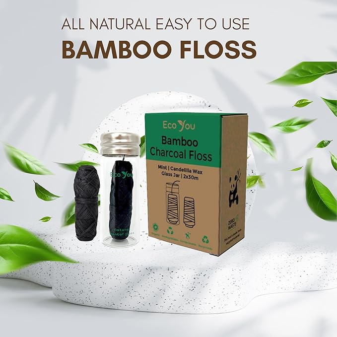 Charcoal Bamboo Floss | 2 Natural Floss Refill with Glass Container | Organic Mint & Candelilla Wax | Vegan & Biodegradable | Compatible w/Similar Dental Floss Silk Refill Containers