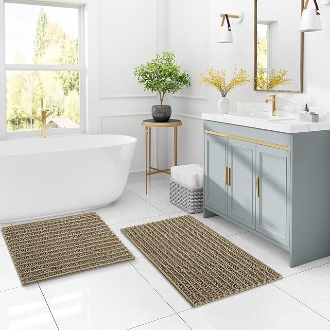 Arotive Luxury Chenille Bathroom Rug Mat, Extra Soft Thick Absorbent Shaggy Bath Rugs, Non-Slip Machine Wash Dry, Plush Bath Mats for Bathroom, Shower and Tub, 30x17, Camel