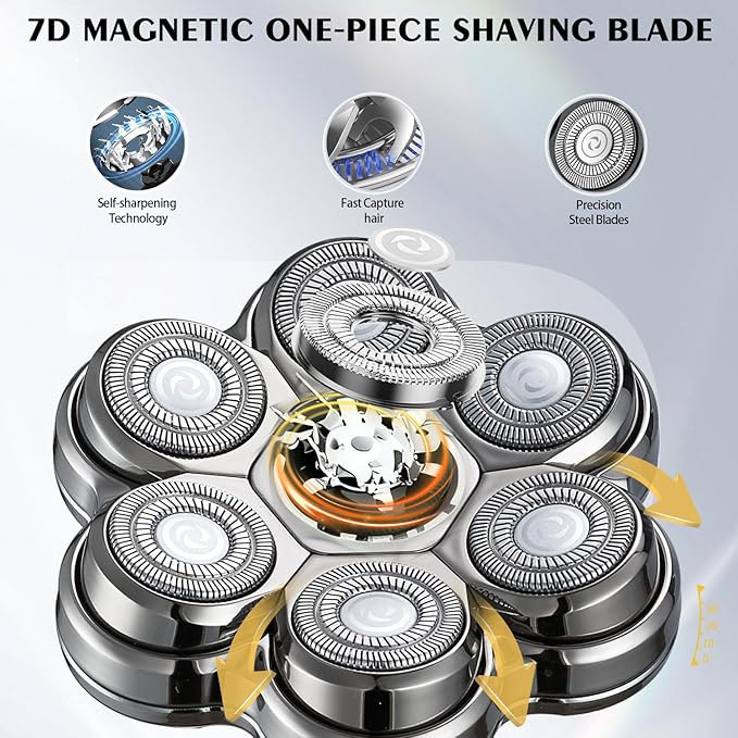 Universal Head Shaver Replacement Heads Magnetic 7 Blades Head Shavers Replacement Blades Compatible with Freebird Shaver & Other Brands (hmsilver7)
