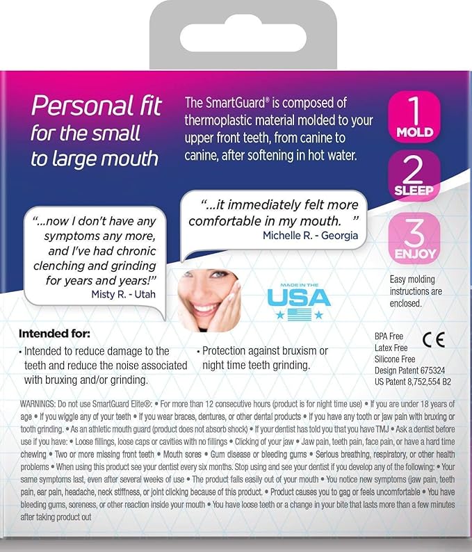 SMARTGUARD Elite (2 Guards 1 Travel case) Front Tooth Custom Anti Teeth Grinding Night Guard for Clenching - Dentist Designed - Bruxing Splint Mouth Protector for Relief of Symptoms