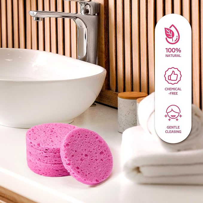 GAINWELL 50-Count Compressed Facial Sponges with Storage Container, for Facial Cleansing, Reusable Makeup Remover, Portable, Suitable for Travel, Pink