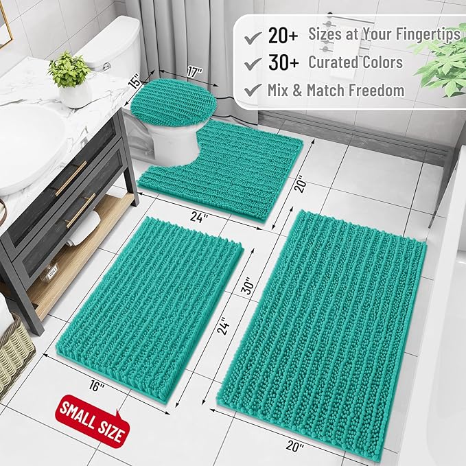 Arotive Luxury Chenille Bathroom Rug Mat, Extra Soft Thick Absorbent Shaggy Bath Rugs, Non-Slip Machine Wash Dry, Plush Bath Mats for Bathroom, Shower and Tub, 24x16, Teal