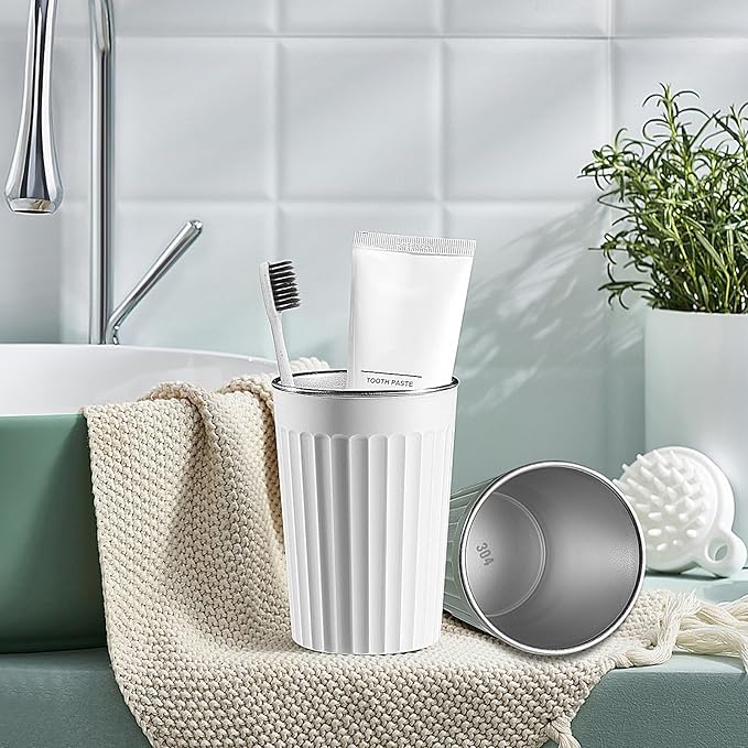 Toothbrush Holder for Bathroom-12oz Unbreakable Stainless Steel Bathroom Cups,Easy to Clean Toothbrush Cup, Reusable Bathroom Tumbler Cups for Home/School/Office(3" x 4.5" White)