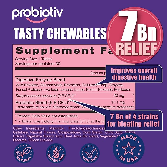 Gas & Bloating Support for Women and Men 7 Billion CFU – Chewable Probiotics & Lactobacillus Reuteri, Daily Digestive Enzymes for Occasional Bloating, Gut Comfort & Digestive Health (60 Counts)