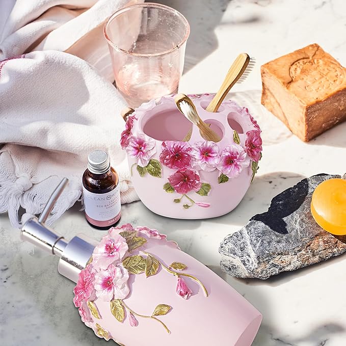 LUANT Vintage Pink Bathroom Accessories, 5Piece Bathroom Accessories Set, Bathroom Set Features, Soap Dispenser, Toothbrush Holder, Tumbler & Soap Dish - Bath Gift Set (6 PCS Pink)