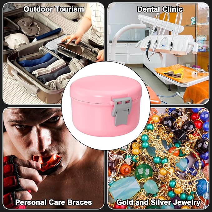 Denture Cleaning Case, Leak Proof Denture Cup for Travel, False Teeth Container for Soaking Dentures & Retainer, Retainer Cleaner Case, Pink + Silver Gray.