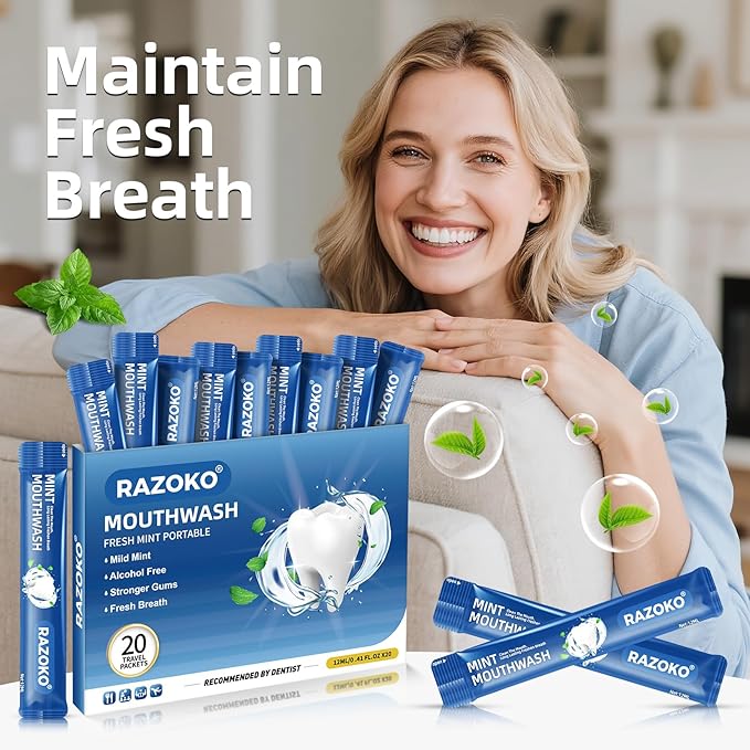 RAZOKO Mouthwash Travel Size-Portable Fresh Mint Packets,Alcohol & Fluoride Free Mouthwash,Disposable Oral Care Strips