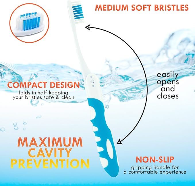 Lingito Travel Toothbrush, Folding with Built in Cover, Hiking, Camping, Emergency, Packable, collapsable, Foldable, Pocket Medium Bristle Brushes (2 Pack) (Blue-Green)
