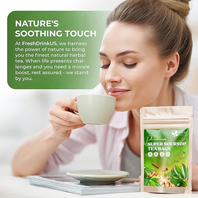 FreshDrinkUS, Super Soursop Herbal Tea β 60 Tea Bags | Soursop, Ginger, Turmeric, Lemongrass, Cinnamon, Black Pepper & Peppermint | Caffeine-Free, Natural Flavor, Plant-Based Blend | Sugar-Free