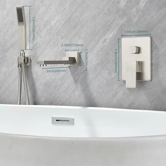 DASAN Swiveling Wall Mount Tub Filler Faucet Set with Hand Held Shower, Brushed Nickel Modern Creative Bathtub Faucet Wall Mounted Bath Tub Faucet with High Flow Rough in Valve, SA-TF05WH-BN