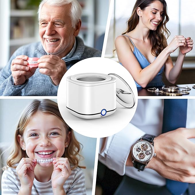 Ultrasonic Retainer Cleaner, 48kHz Retainer Cleaner Machine for Dentures, Mouthguard, Braces, Night Guard, Toothbrush, Jewelry with 7.8OZ Dental Cleaning Pod-Cool White