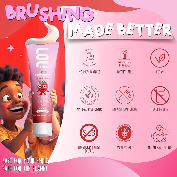 LOL Kids Toothpaste | Fluoride Free 2-Flavors Pack | Nano Hydroxyapatite Toothpaste, Probiotics, Vitamins A, C, E | Safe if Swallowed, No SLS | 1 Strawberry, 1 Melon Flavor,