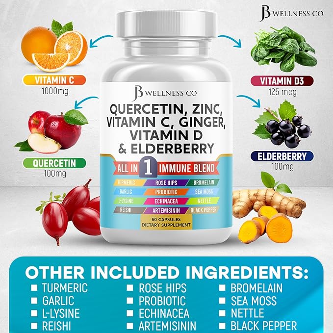 Quercetin Zinc Vitamin C Vitamin D Bromelain Elderberry - Nettle Supplement with Artemisinin, Sea Moss, Echinacea - 180 Count