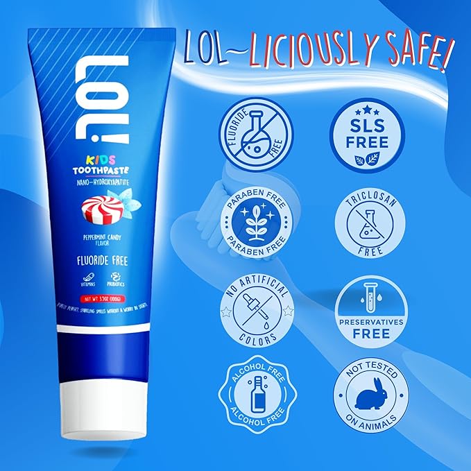 LOL Kids Toothpaste | Fluoride Free 2-Flavors Pack | Nano Hydroxyapatite Toothpaste, Probiotics, Vitamins A, C, E | Safe if Swallowed, No SLS | 1 Strawberry, 1 Peppermint