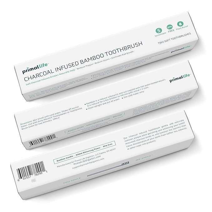 Primal Life Organics - Charcoal Toothbrush, Made with Charcoal & Bamboo, Biodegradable, BPA-Free, Perfect for Kids & Adults, Recyclable, Gently Massages Gums & Teeth, Zero Waste Toothbrush, (2-Pack)