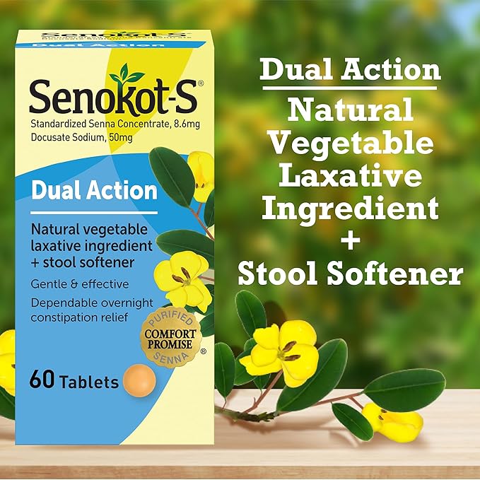 Senokot-S Dual Action Natural Vegetable Laxative Ingredient Plus Stool Softener Tablets, Docusate Sodium, Senna Concentrate, Gentle, Overnight Relief From Occasional Constipation, 60 ct