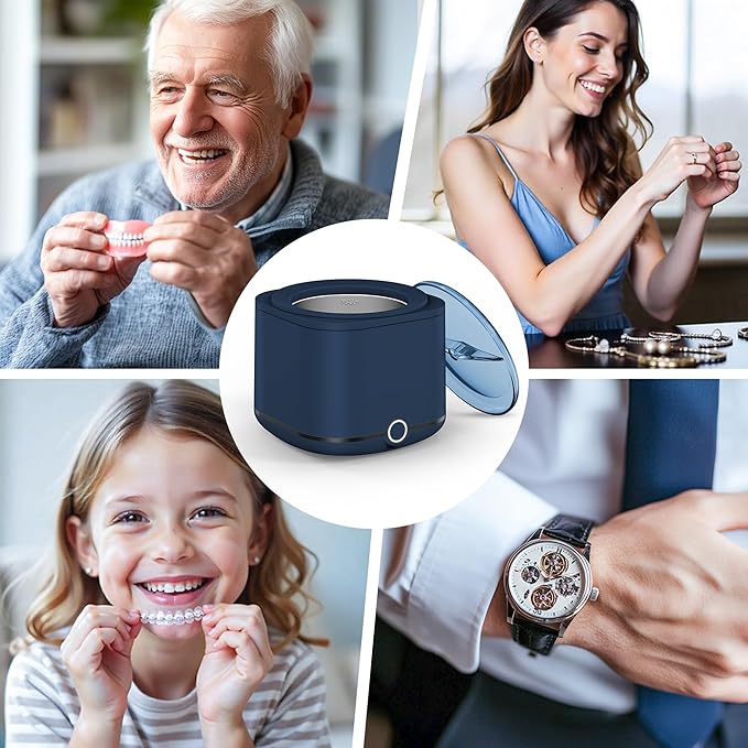 Retainer Cleaner, 48kHz Ultrasonic Retainer Cleaner Machine for Denture, Mouthguard, Braces, Night Guard, Aligner, Toothbrush, Jewelry with 7.8OZ Dental Cleaning Pod-Blue