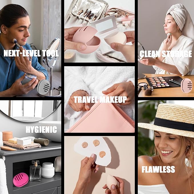 Makeup Sponge Holder,Double-sided 5-line Vented Silicone Beauty Blender Holder for Travel,Shatterproof Make Up Sponge Travel Case for All Sponges Sanitary Reuse Easy to Carry,Pink