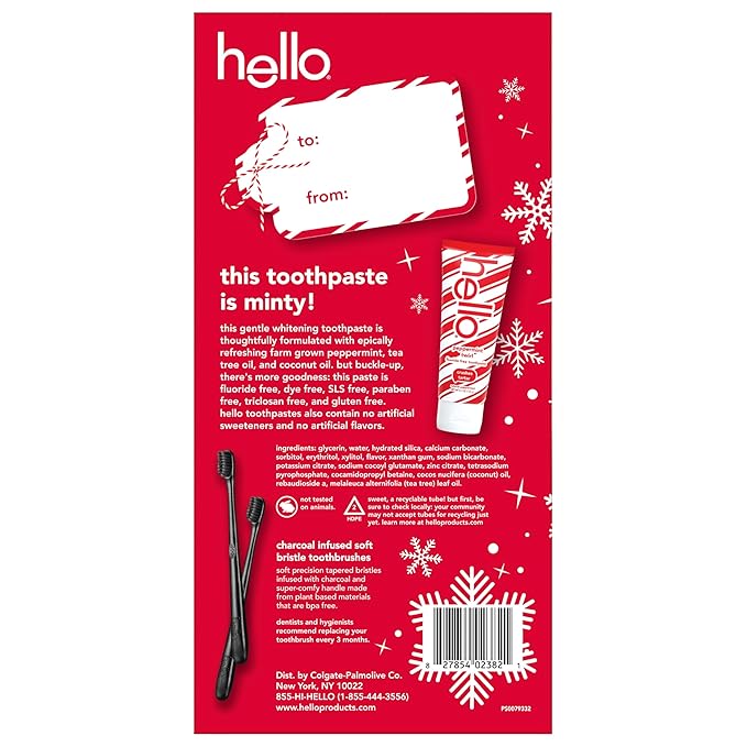 Hello Fluoride Free Toothpaste and Soft Charcoal Toothbrush Adult Stocking Stuffer Kit, Holiday Gift Set, Black Toothbrushes, Mint Toothpaste, SLS Free, Crushes Tartar