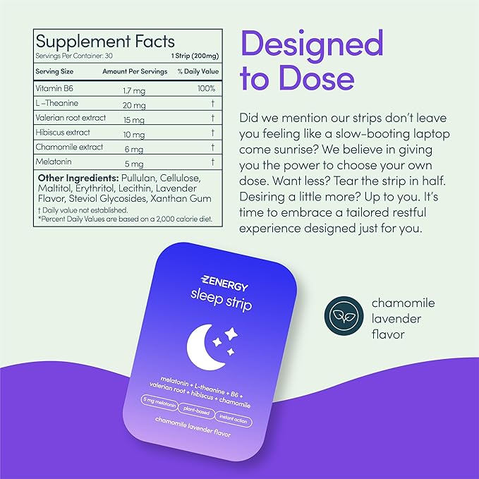 ZENERGY Sleep Oral Strips - Chamomile Lavender Flavor | 5mg Melatonin + 20mg L-Theanine + 100% Vitamin B6 + Botanicals | 0 Sugar, 0 Calories, 0 Gluten, Vegan, Instant Action | 1 Tin = 30 Strips
