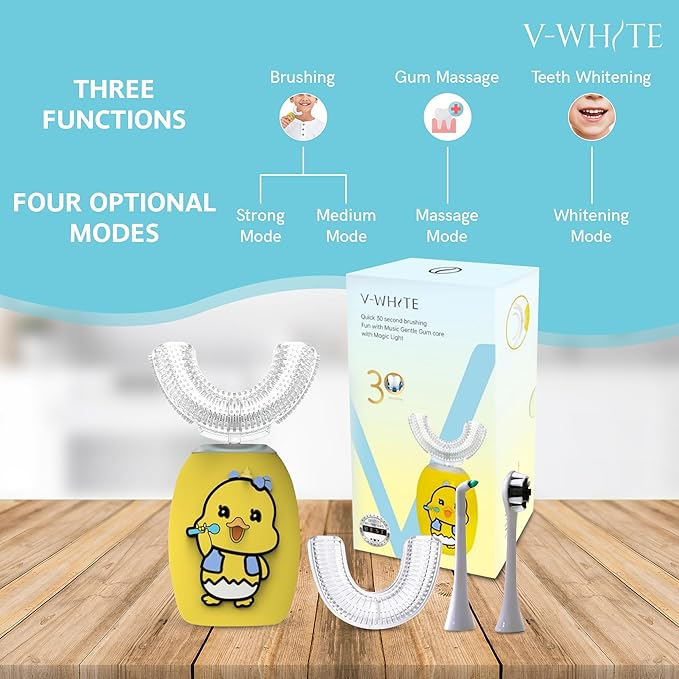 V-WHITE Ultrasonic U-Shaped Toothbrush For Teeth Whitening, Electric Toothbrush - 360° Mouth Cleansing, Hands Free Gums Protection - Wireless Charging - Waterproof IPX7 Certified (YELLOW - KIDS, KIDS)