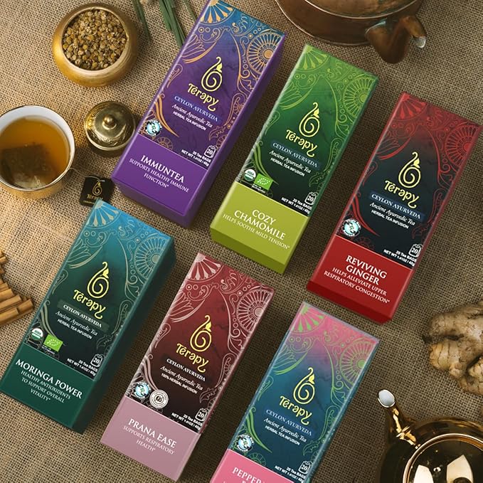 Tรฉrapy Ceylon Stomach Ease Herbal Tea Bags | Soothes Stomach & Supports Healthy Digestion | All Natural Ayurvedic Ingredients Including Peppermint, Ginger, Licorice | 18 Individually Wrapped Tea Bags