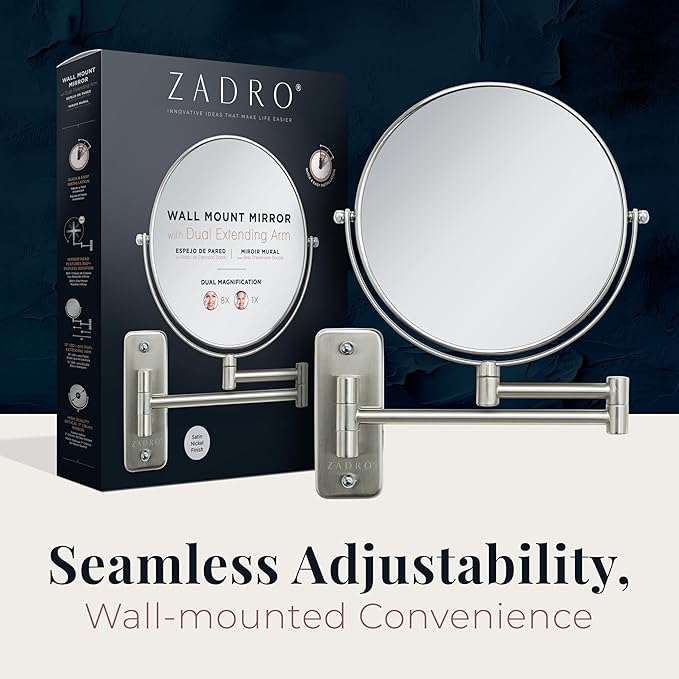 Zadro 7" Wall Mounted Wardrobe, Vanity Makeup Mirror with Magnification & Extending Arm (Large | 12.25" x 12" | 8X/1X, Satin Nickel)