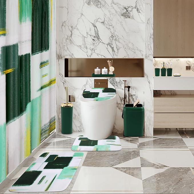 Bathroom Set - Dark Green and Gold Bathroom Accessories Set, Bathroom Sets with Shower Curtain and Rugs, Green Shower Curtain Set with Bathroom Trash Can, Soap Dispenser, Soap Dish for Home