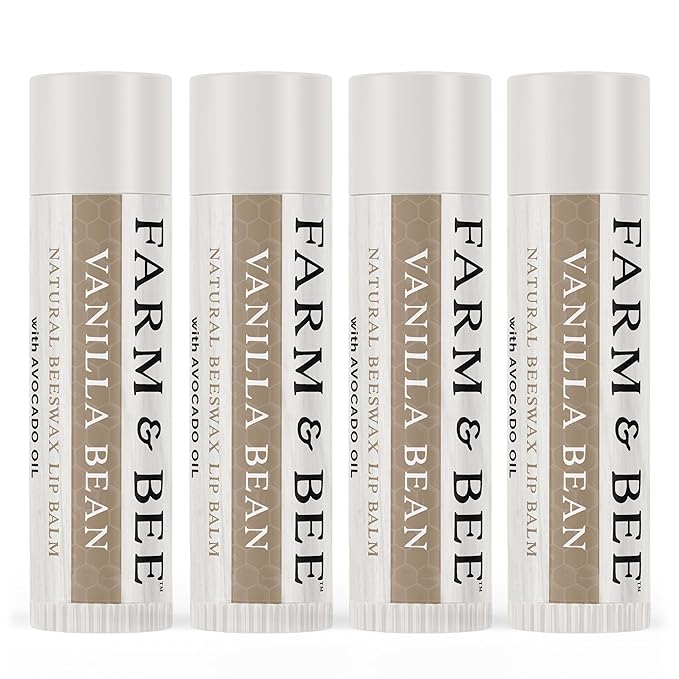 Natural Lip Balm - Organic & Natural Ingredients - Beeswax Based Moisturizing Lip Care Chapstick for Chapped Lips - Great Gift Idea - Farm & Bee - 0.15oz (Pack of 4 - Vanilla Bean)