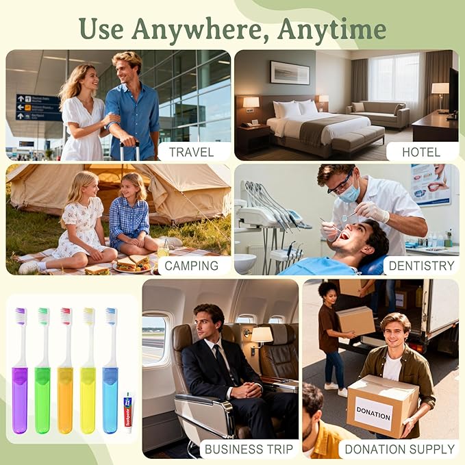 Travel Toothbrush, Toothbrush and Toothpaste Travel Set, Individually Packaged, Includes Storage Case, Foldable Design, 5 Colors, Ideal for Business Trips, and Hotels (50-Pack)