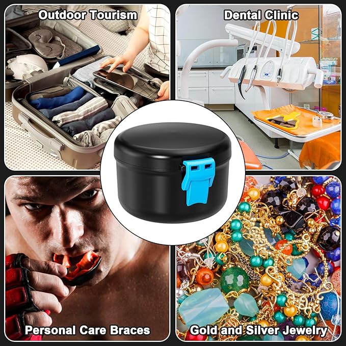 Denture Case, Leak Proof Denture Bath Cup for Travel, False Teeth Container for Soaking Dentures & Retainer, Retainer Cleaner Case, Black+Blue.