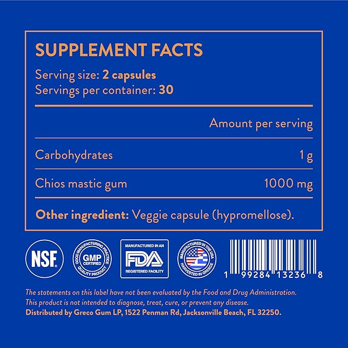Mastic Gum Capsules 500 mg – Greek Chios Mastiha Supplement for Gut Health, Digestive Support and Bloating Relief – Pure Mastic Gum Powder – Vegan, Gluten-Free, No Fillers – 60 Count
