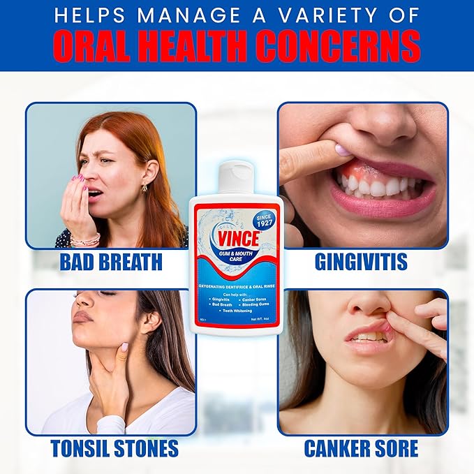 Vince Gum and Mouth Powder - Daily Use Dentifrice - Oxygenating Bubbles - Bad Breath - Gingivitis - Irritated or Bleeding Gums - Canker Sore - Inflammation - Wounds - Cleanse & Refresh - 4 Ounce