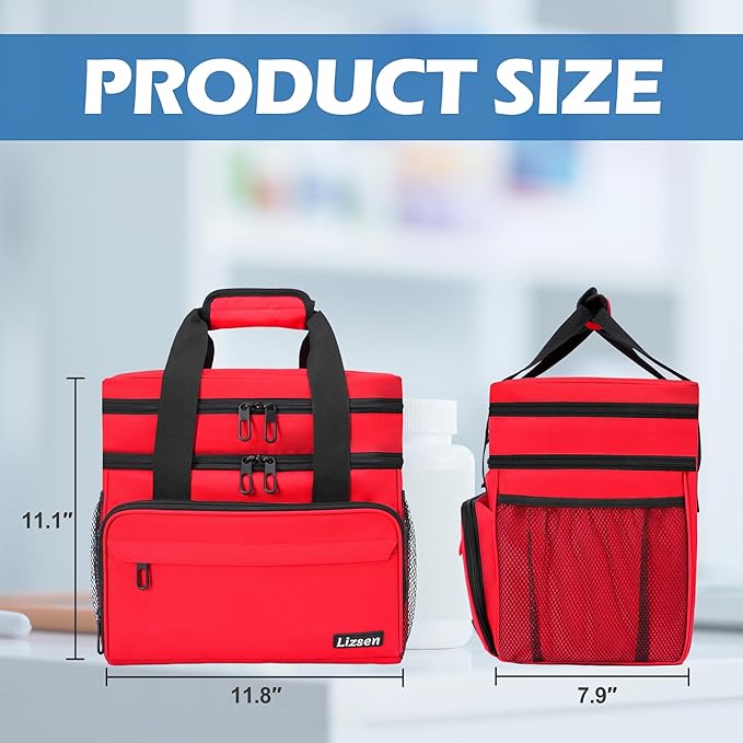 LIZSEN Large Medicine Storage Bag, Double Layer Pill Bottle Organizer Storage Bags with Lockable Zipper, Medication Travel Bag Carrying Case for Men Women (Red)