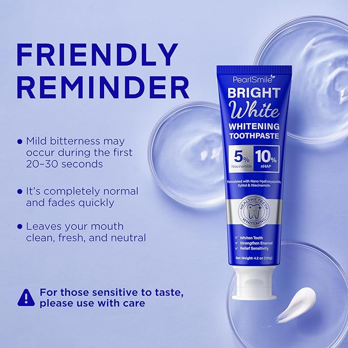 PearlSmile Niacinamide Hydroxyapatite Whitening Toothpaste – 10% Nano Hydroxyapatite + 5% Niacinamide – Strengthens Enamel, Remineralizes, Brightens Teeth – Fluoride-Free, Travel Size, 4.2oz