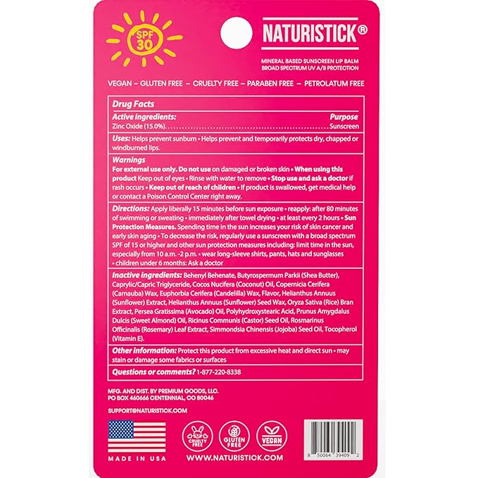 Naturistick SPF 30 Vegan Lip Balm β Mineral Sunscreen with Zinc Oxide | Broad Spectrum UVA/UVB Protection | 100% Natural, Coral-Friendly Formula | Oxybenzone Free | 5-Pack Raspberry | Made in USA
