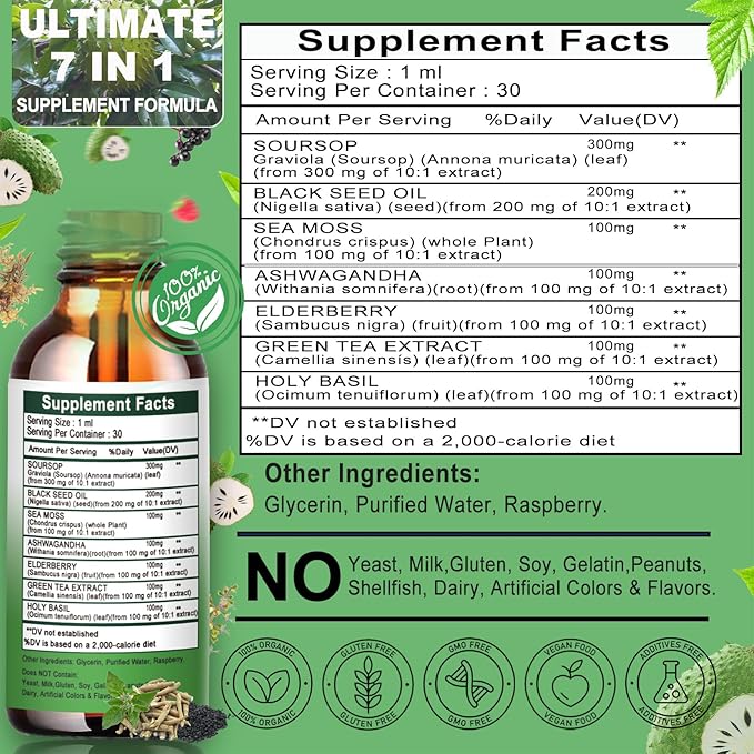 Soursop Drops,Soursop Bitters Liquid with Sea Moss Black Seed Oil Green Tea Extract Ashwagandha Elderberry Holy Basil-Multimineral&Vitamins Superfood Drops for Immune&Digestive & Cell Support