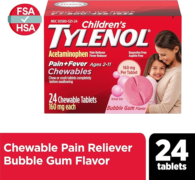 Children's Tylenol Chewables with 160 mg Acetaminophen, Pain Reliever & Fever Reducer for Kids' Cold + Flu Symptoms, Headache, Sore Throat & Toothache, Aspirin-Free, Bubble Gum, 24 ct