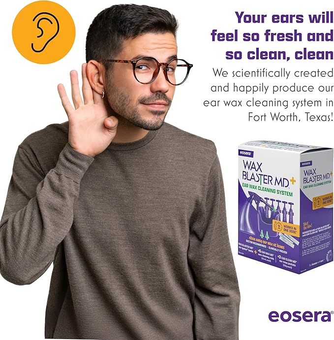 eosera® WAX BLASTER MD+ Cleaning Kit - Earwax Dissolver for Adults & Kids - Fast Acting, Doctor Recommended, Clinically Proven - Complete Irrigation Kit with 3 Ear Clean MD Packets & 5-ct Single Use Ear Wax MD Vials - Works in 15 Minutes