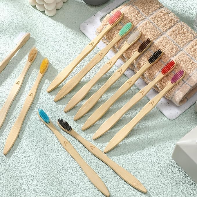Sieral 120 Pcs 120 Pcs Bamboo Toothbrushes Bulk Soft Bristle Individually Wrapped Travel Toothbrush Eco Friendly Natural Wooden Tooth Brush for Kid Adult Home Travel Use, 7.5 Inch, 12 Colors (Letter)