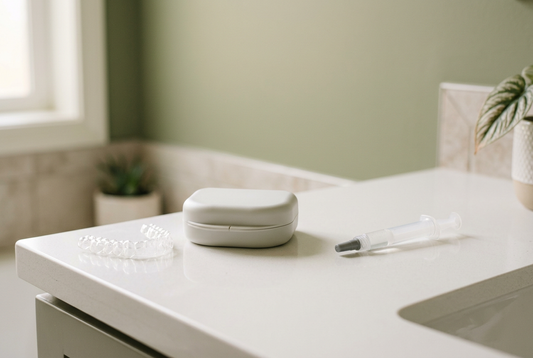 Illustrative clear dental aligner, tray case, and unbranded capped whitening gel syringe on a white countertop.