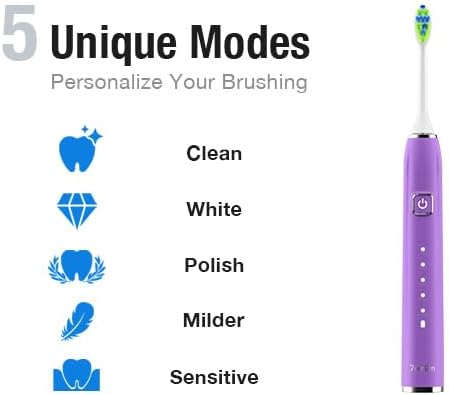 7AM2M Ultrasonic Electric Toothbrush with 6 Brush Heads for Adults&Kids, Type C Charging, One Charge for 120 Days, 5 Modes&40000VPM Powered Toothbrush, 2 Minutes Built in Smart Timer (Purple)