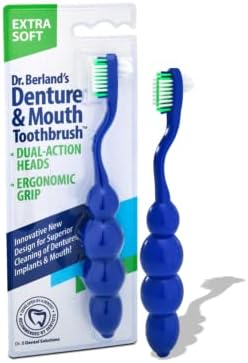 Dr. B Dental Solutions Ergonomic Denture Toothbrush Extra Soft Bristles, Removes Stains & Odor Precision Design for Implants & Overdentures Single Blue Pack