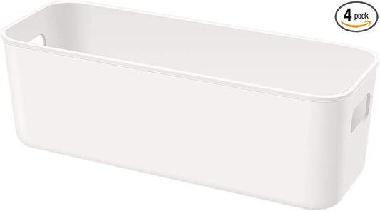 Amyup Set Of 4 Plastic Storage Bins,Versatile Kitchen Pantry Organization and Storage,for Plastic Storage Container Under Bed,Under Sink Bathroom Organizer (White, 4 Pack Narrow)