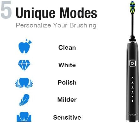 7AM2M Ultrasonic Electric Toothbrush with 6 Brush Heads for Adults&Kids, Type C Charging, One Charge for 120 Days, 5 Modes&40000VPM Powered Toothbrush, 3 Minutes Built in Smart Timer (Black)