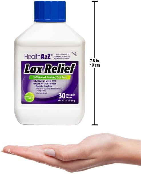 HealthA2Z® Lax Relief | Unflavored Powder/Grit Free | 17.9 OZ (510 g) | Polyethlene Glycol 3350, 17G | Powder for Oral Solution | Osmotic Laxative | Constipational Relief | Softens Stool (17.9 OZ)