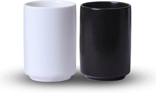 Ceramic Cup Toothbrush Holder, Makeup Brush Holder, Bathroom Organizer, Juice, Milk Cups, 2pcs (White & Black)